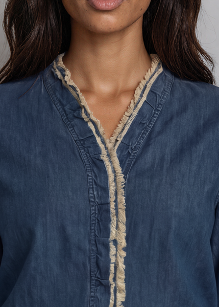 Cutting Edge Button Down Lace Detail Denim Top - Image 3
