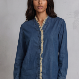 Cutting Edge Button Down Lace Detail Denim Top