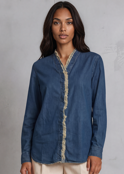 Cutting Edge Button Down Lace Detail Denim Top