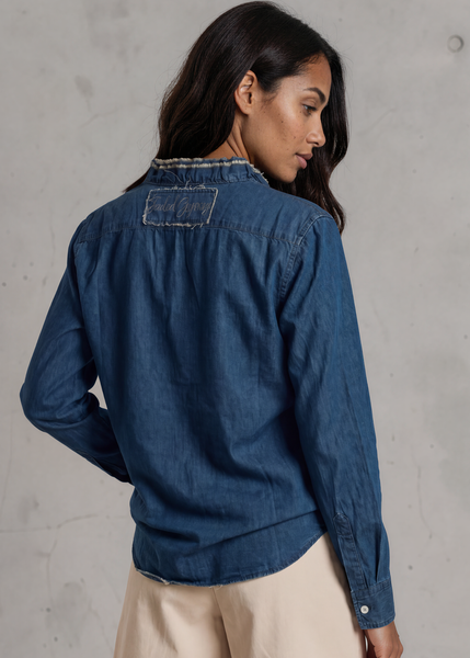 Cutting Edge Button Down Lace Detail Denim Top - Image 2