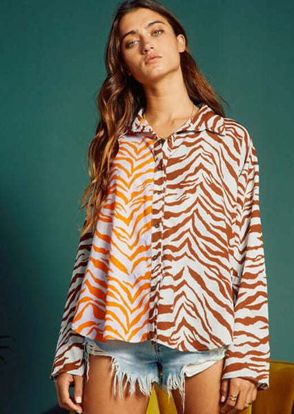 Animal Print Contrast Button Down Top CLEARANCE FINAL SALE