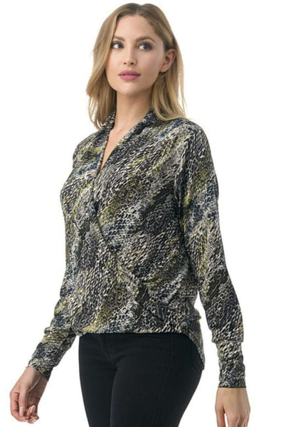 Olive Snake Print Fashion Surplice Top CLEARANCE FINAL SALE - Image 3