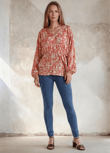 Rose V-Neck Floral Print Peasant Blouse - Image 3
