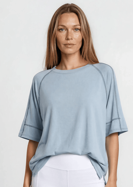 Evelyn Exposed Stitch Tee in Denim Blue - Image 4