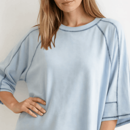 Evelyn Exposed Stitch Tee in Denim Blue