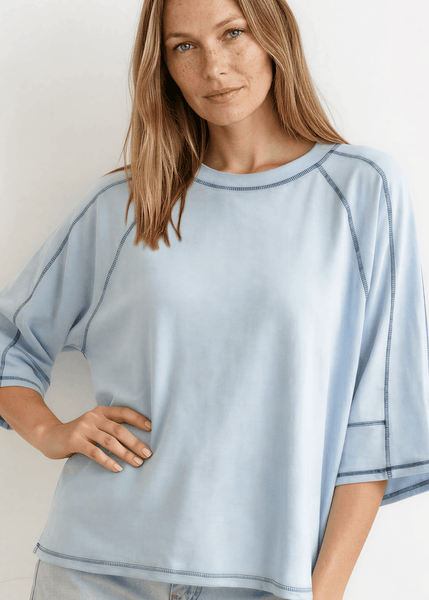 Evelyn Exposed Stitch Tee in Denim Blue