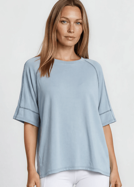 Evelyn Exposed Stitch Tee in Denim Blue - Image 2