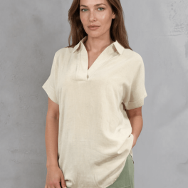 Lilian Linen Blend V Neck Collar Short Sleeve Top