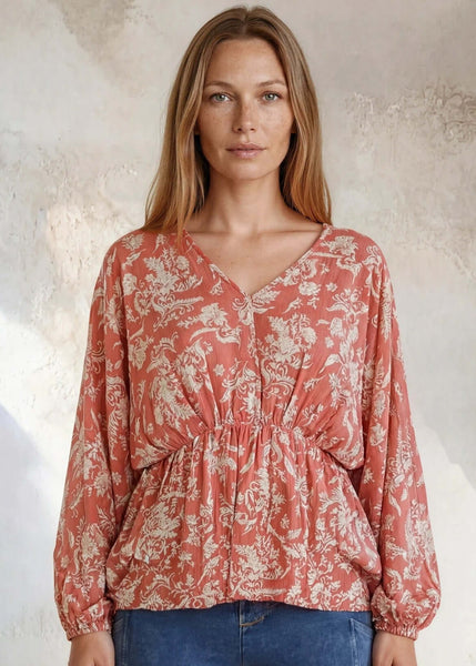 Rose V-Neck Floral Print Peasant Blouse