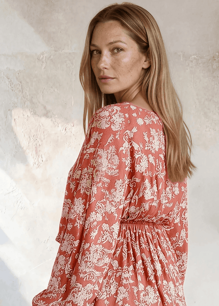 Rose V-Neck Floral Print Peasant Blouse - Image 2