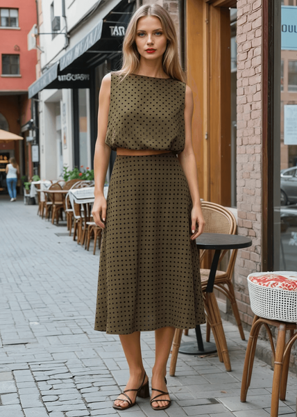 Flocked Polka Dot Bubble Crop Top in Olive - Image 5