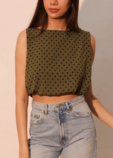 Flocked Polka Dot Bubble Crop Top in Olive - Image 3