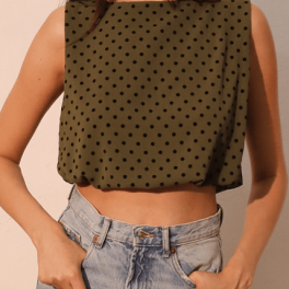 Flocked Polka Dot Bubble Crop Top in Olive