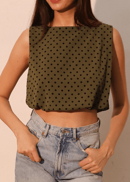 Flocked Polka Dot Bubble Crop Top in Olive