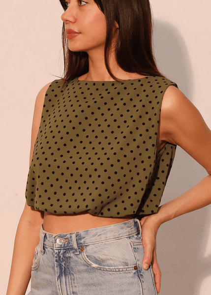Flocked Polka Dot Bubble Crop Top in Olive - Image 4