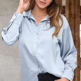 Laura Satin Button Down Top in Steele Blue