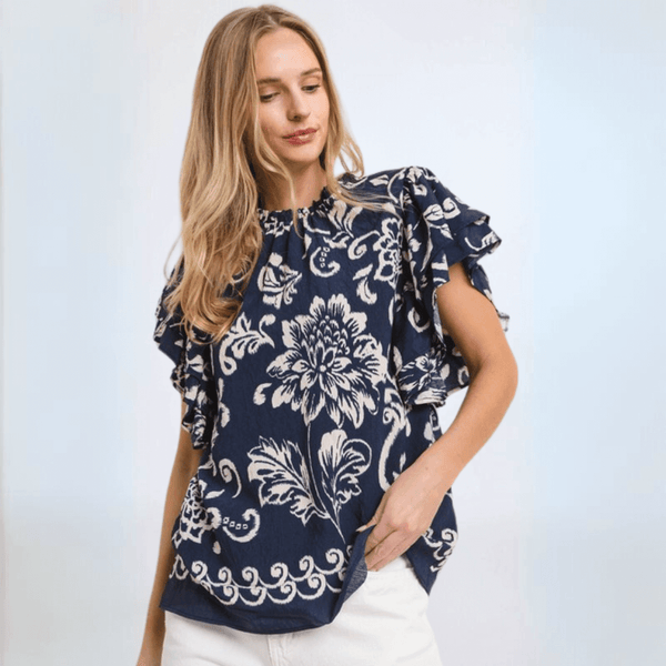Navy Flutter Sleeve Top CLEARANCE FINAL SALE