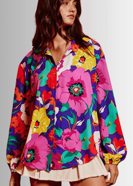 Colorful Floral Button Down Blouse Made in USA