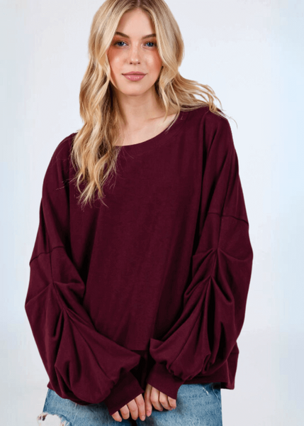 Cabernet Red Sweatshirt with Sleeve Gathering - CLEARANCE FINAL SALE - Image 2