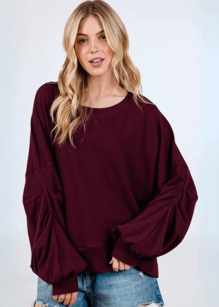 Cabernet Red Sweatshirt with Sleeve Gathering - CLEARANCE FINAL SALE - Image 4
