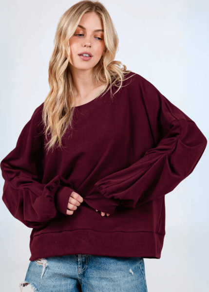 Cabernet Red Sweatshirt with Sleeve Gathering - CLEARANCE FINAL SALE