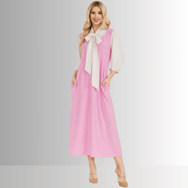 Honeycomb Jersey Classic Bowtie Midi Dress Clearance Final Sale