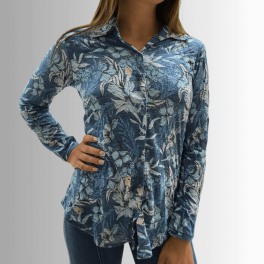 Designer Blue Floral Rhinestone Embellished Top Made in USA