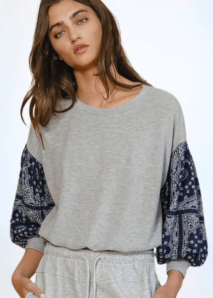 Color Block Paisley Sleeve Cropped Sweatshirt - Clearance Final Sale