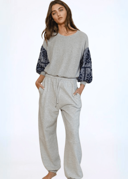Color Block Paisley Sleeve Cropped Sweatshirt - Clearance Final Sale - Image 3