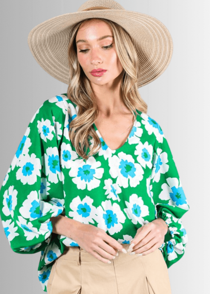Paulina Puff Sleeve Green Floral Top - Image 3