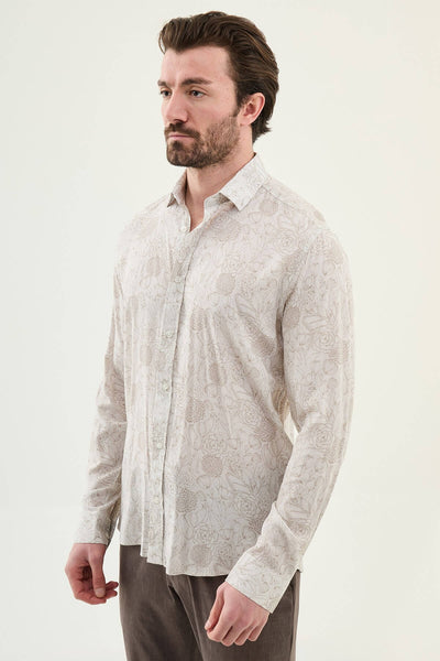 Men’s Beige Patterned Slim-Fit Shirt. - Image 2
