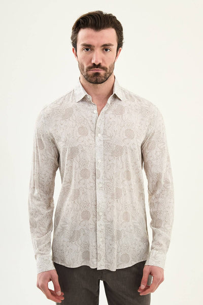 Men’s Beige Patterned Slim-Fit Shirt.