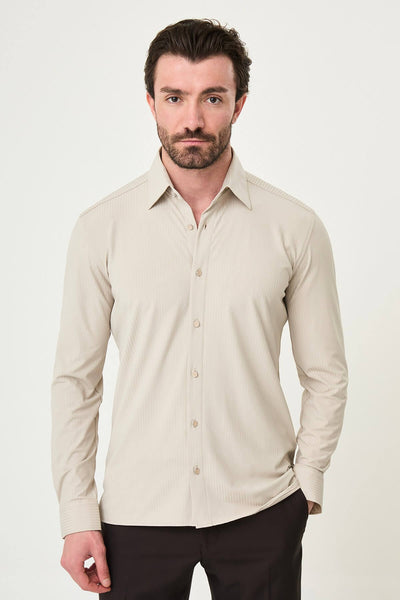 Men’s Beige Striped Slim Fit Long Sleeve Shirt