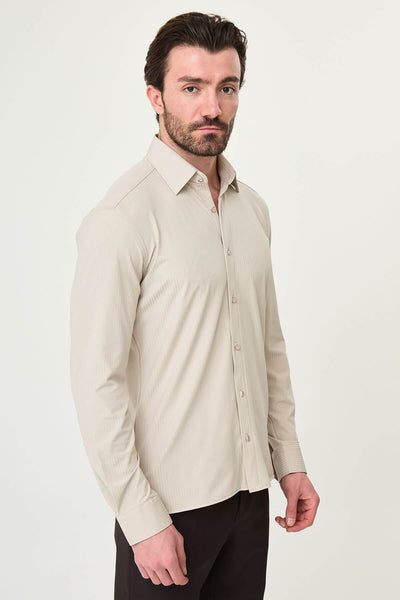 Men’s Beige Striped Slim Fit Long Sleeve Shirt - Image 2