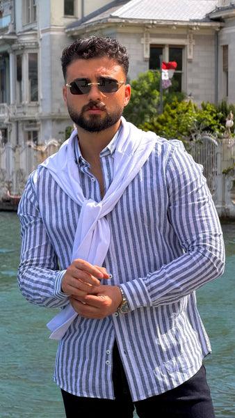 Men’s Navy Blue Striped Linen Summer Shirt - Image 2