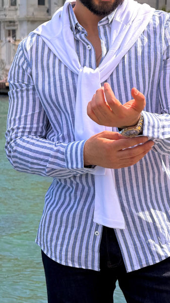 Men’s Navy Blue Striped Linen Summer Shirt - Image 5