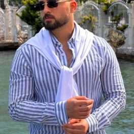 Men’s Navy Blue Striped Linen Summer Shirt
