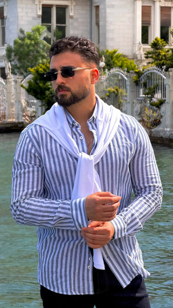 Men’s Navy Blue Striped Linen Summer Shirt - Image 4