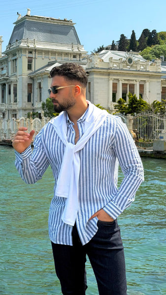 Men’s Navy Blue Striped Linen Summer Shirt - Image 3