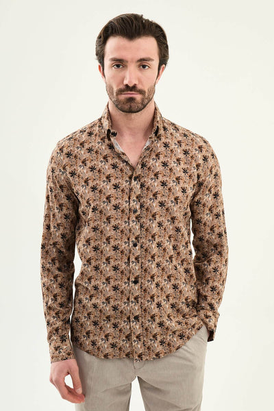 Men’s Brown Patterned Long-Sleeve Shirt