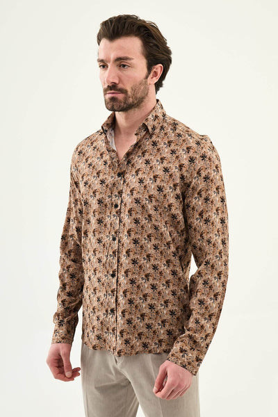 Men’s Brown Patterned Long-Sleeve Shirt - Image 2