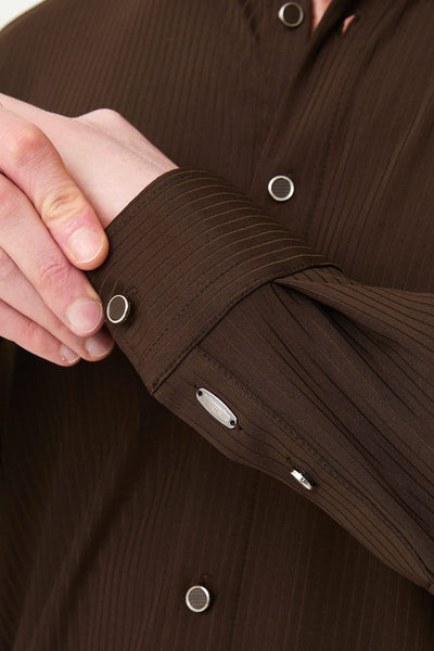 Men’s Brown Striped Slim-Fit Long Sleeve Shirt - Image 5