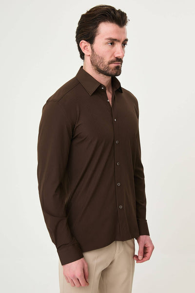 Men’s Brown Striped Slim-Fit Long Sleeve Shirt - Image 3