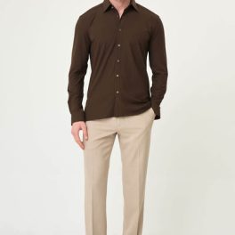 Men’s Brown Striped Slim-Fit Long Sleeve Shirt