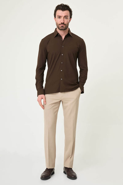 Men’s Brown Striped Slim-Fit Long Sleeve Shirt