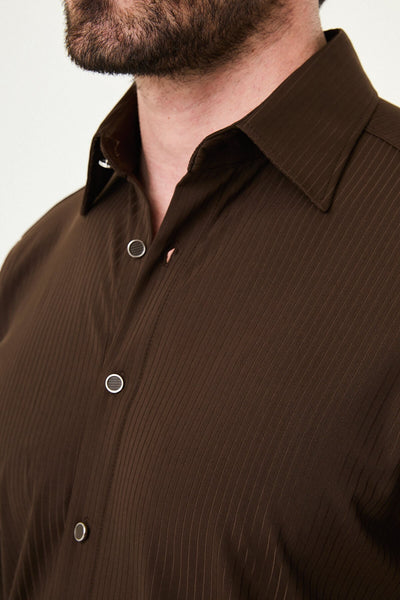 Men’s Brown Striped Slim-Fit Long Sleeve Shirt - Image 4