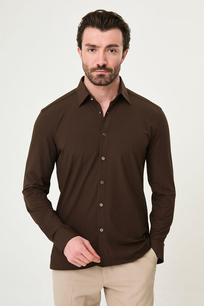 Men’s Brown Striped Slim-Fit Long Sleeve Shirt - Image 2