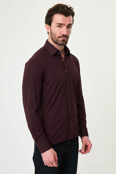 Men’s Burgundy Striped Slim Fit Shirt - Image 3
