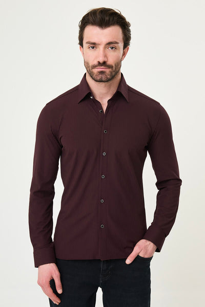 Men’s Burgundy Striped Slim Fit Shirt - Image 2