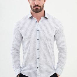 Men's Gray and White Striped Casual Shirt.